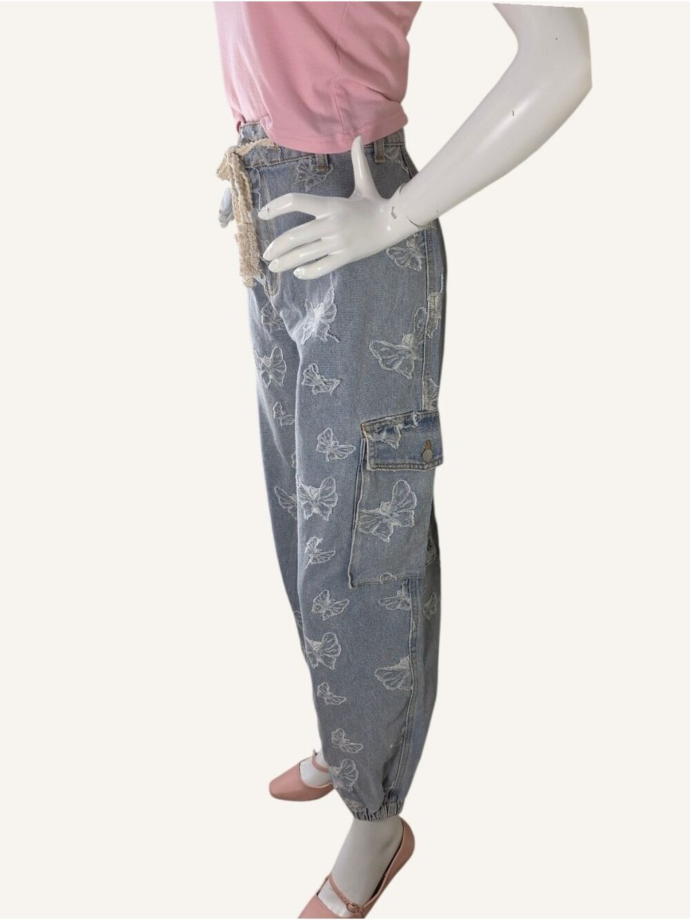 POL Butterfly Embroidered Cargo Jogger Jeans Pink Balletcore Large